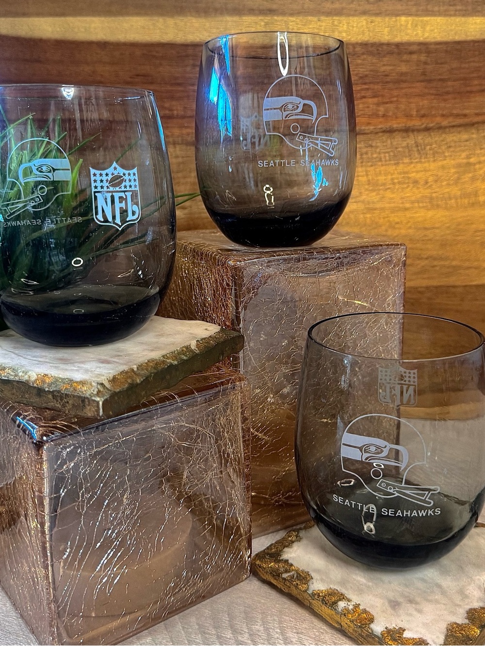 Vintage 1970s NFL Seattle Seahawks Smokey Gray Roll Poly Rocks Glass (Set of 3)